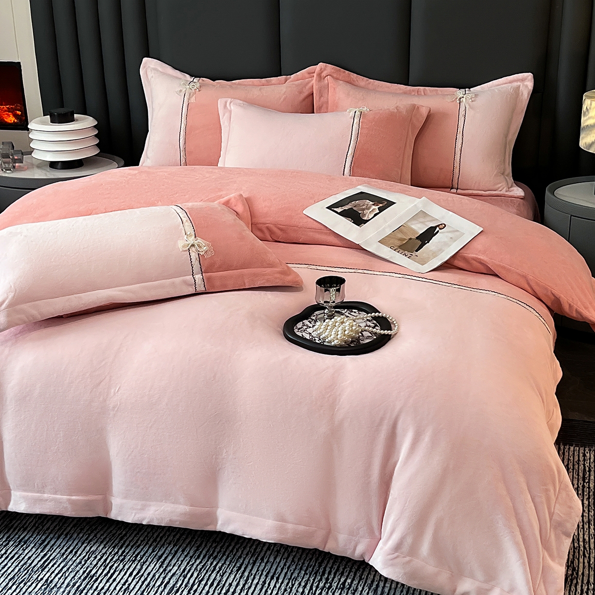 91家纺网 家纺一手货源 找家纺 馨梦缘 2025新款全消光暖阳绒四件套 珍爱款-橙粉+靓粉