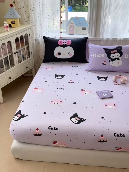 91家纺网 家纺一手货源 找家纺 一霖家纺 2025新款云朵棉小清新印花床笠系列 单床笠-黑库米米