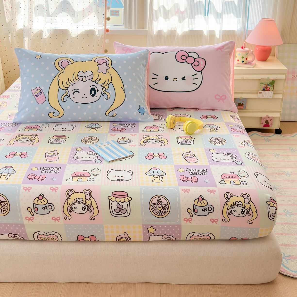 91家纺网 家纺一手货源 找家纺 一霖家纺 2025新款云朵棉小清新印花床笠系列 单床笠-美少女战士