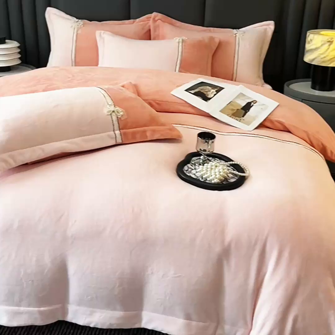 91家纺网 家纺一手货源 找家纺 馨梦缘 2025新款全消光暖阳绒四件套 珍爱款-橙粉+靓粉