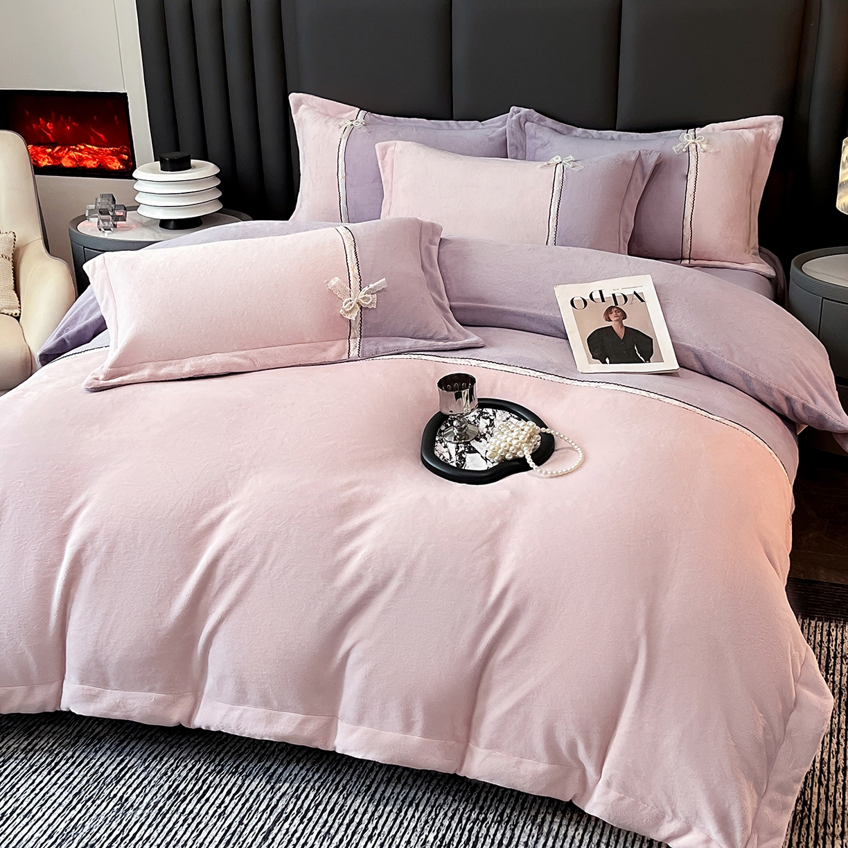 91家纺网 家纺一手货源 找家纺 馨梦缘 2025新款全消光暖阳绒四件套 珍爱款-浪漫紫+浅粉