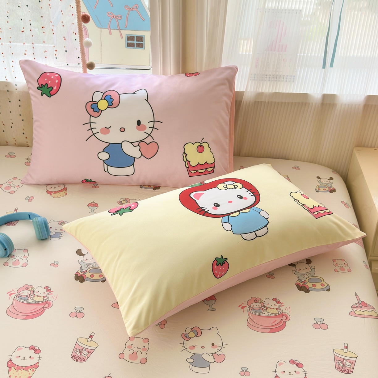 91家纺网 家纺一手货源 找家纺 一霖家纺 2025新款云朵棉小清新印花床笠系列 单床笠-小奶猫