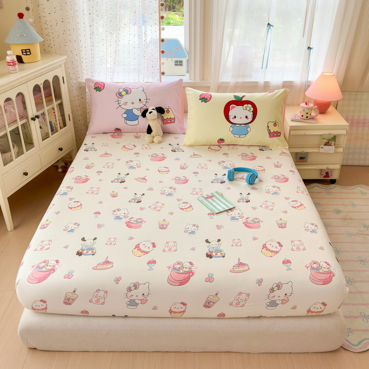 91家纺网 家纺一手货源 找家纺 一霖家纺 2025新款云朵棉小清新印花床笠系列 单床笠-小奶猫