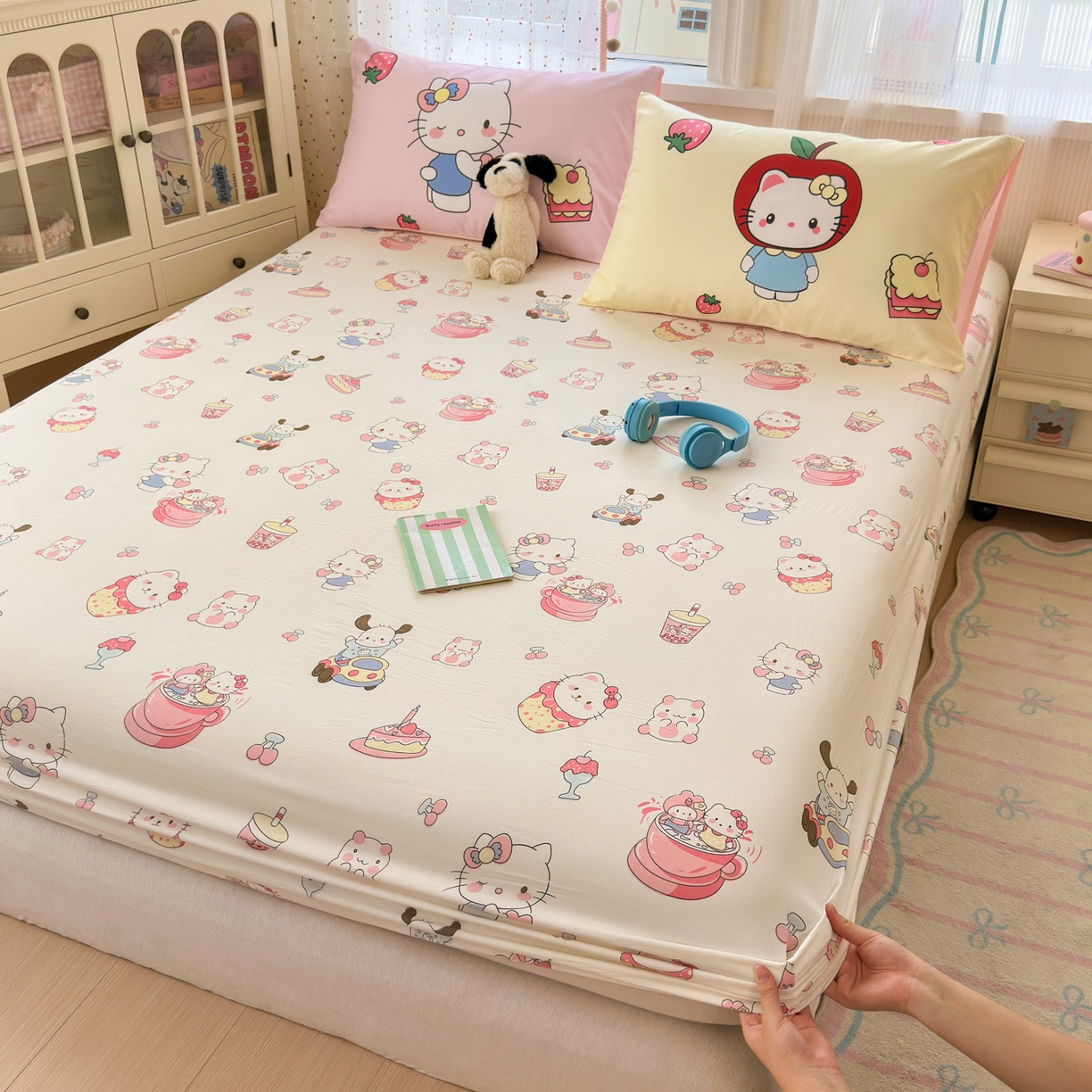 91家纺网 家纺一手货源 找家纺 一霖家纺 2025新款云朵棉小清新印花床笠系列 单床笠-小奶猫