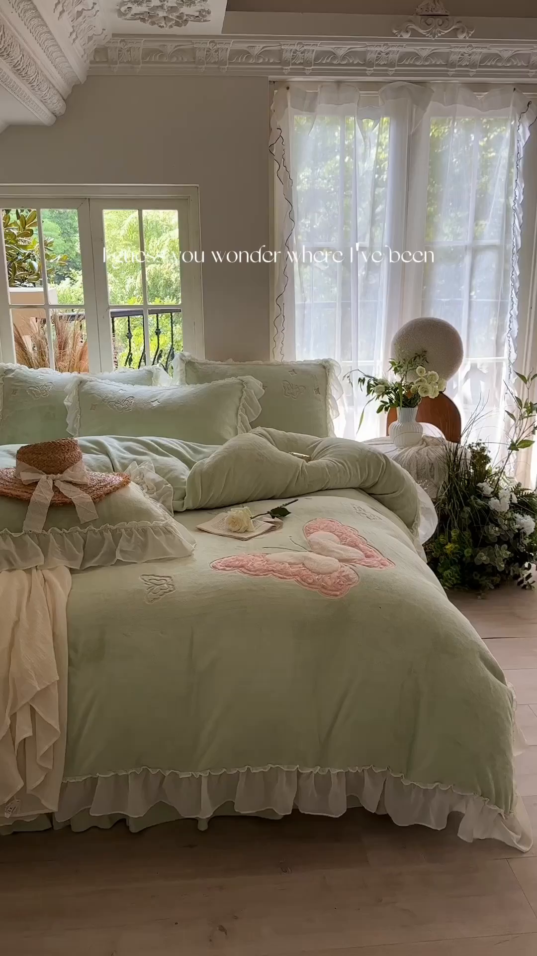 91家纺网 家纺一手货源 找家纺 美洲琳 2025新款高克重全消光贴布绣花牛奶绒四件套 蝴蝶-水绿
