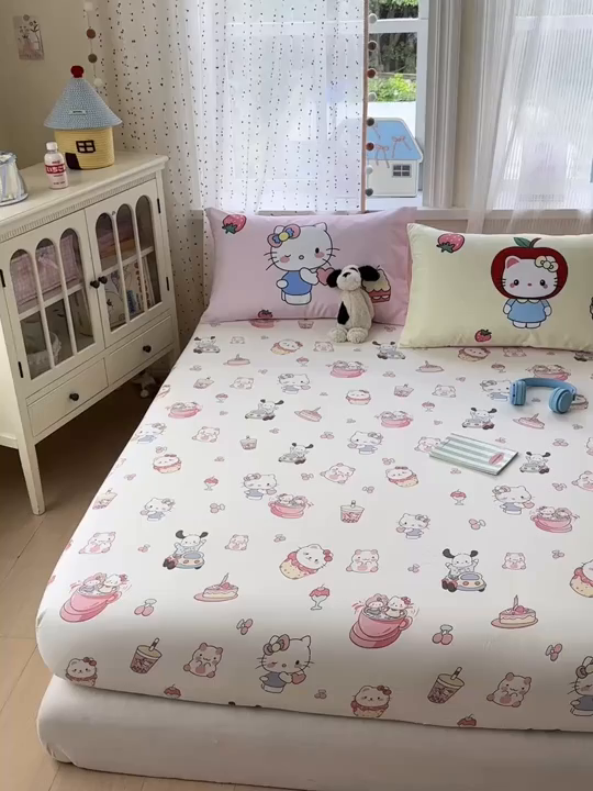 91家纺网 家纺一手货源 找家纺 一霖家纺 2025新款云朵棉小清新印花床笠系列 单床笠-小奶猫