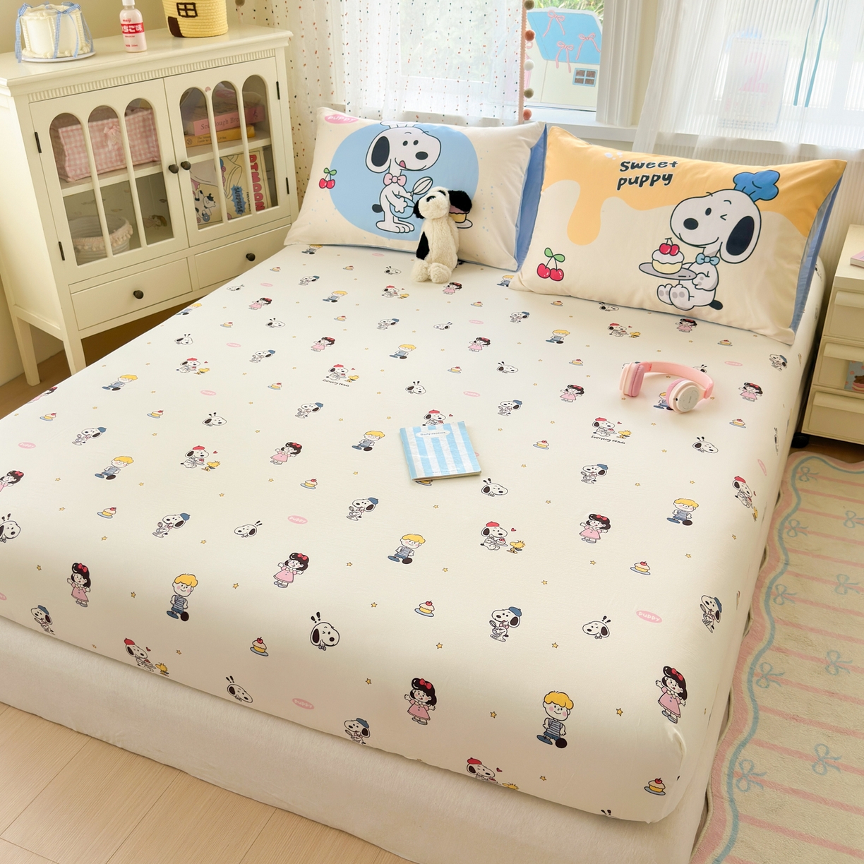 91家纺网 家纺一手货源 找家纺 一霖家纺 2025新款云朵棉小清新印花床笠系列 单床笠-小努比