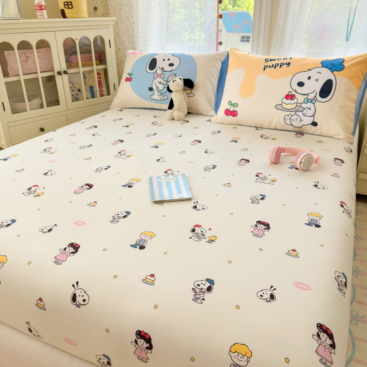 91家纺网 家纺一手货源 找家纺 一霖家纺 2025新款云朵棉小清新印花床笠系列 单床笠-小努比