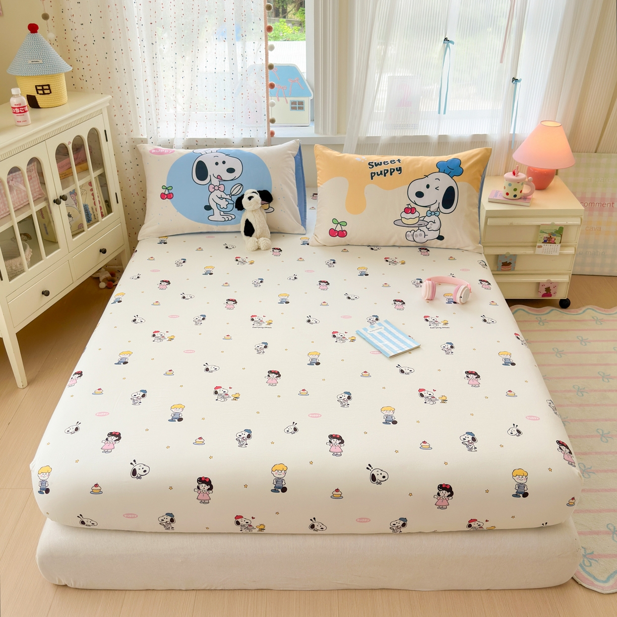 91家纺网 家纺一手货源 找家纺 一霖家纺 2025新款云朵棉小清新印花床笠系列 单床笠-小努比