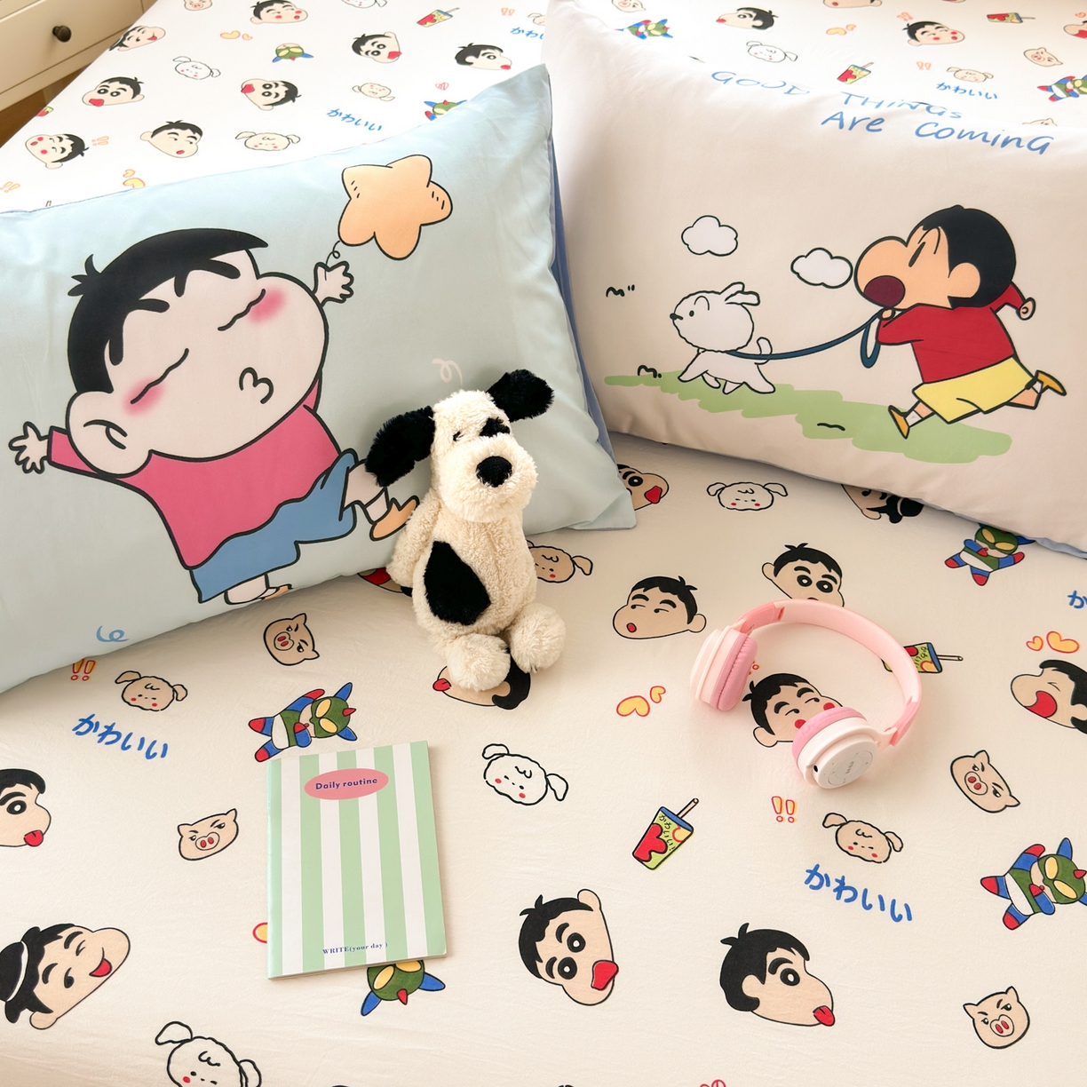 91家纺网 家纺一手货源 找家纺 一霖家纺 2025新款云朵棉小清新印花床笠系列 单床笠-小新与小白