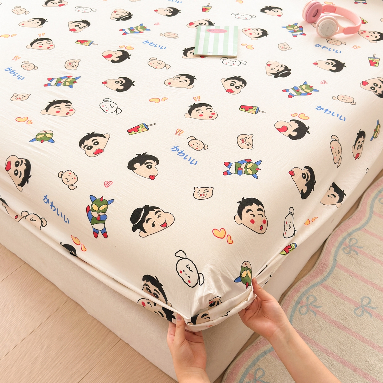 91家纺网 家纺一手货源 找家纺 一霖家纺 2025新款云朵棉小清新印花床笠系列 单床笠-小新与小白