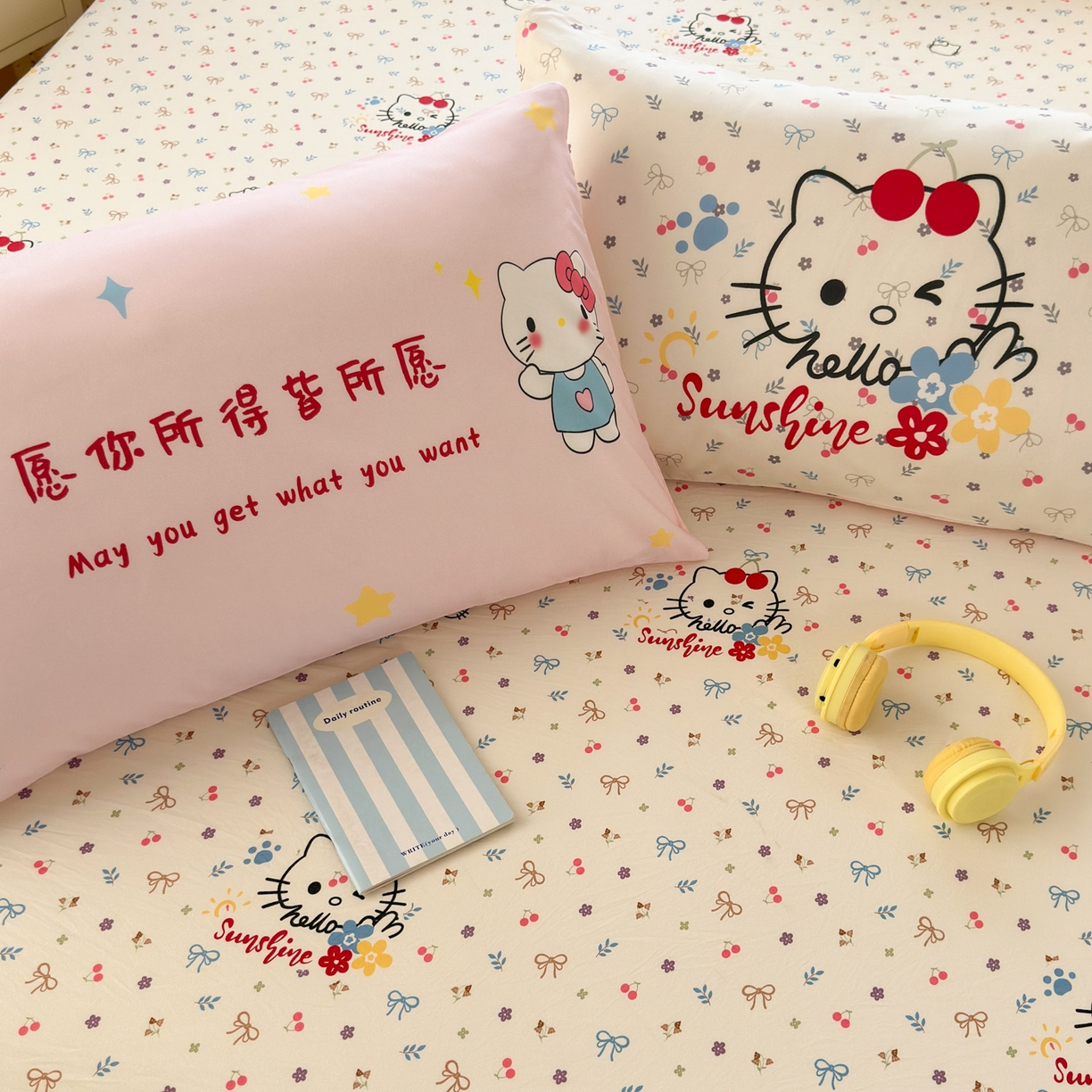 91家纺网 家纺一手货源 找家纺 一霖家纺 2025新款云朵棉小清新印花床笠系列 单床笠-许愿KT