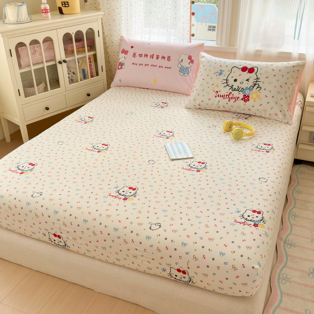 91家纺网 家纺一手货源 找家纺 一霖家纺 2025新款云朵棉小清新印花床笠系列 单床笠-许愿KT