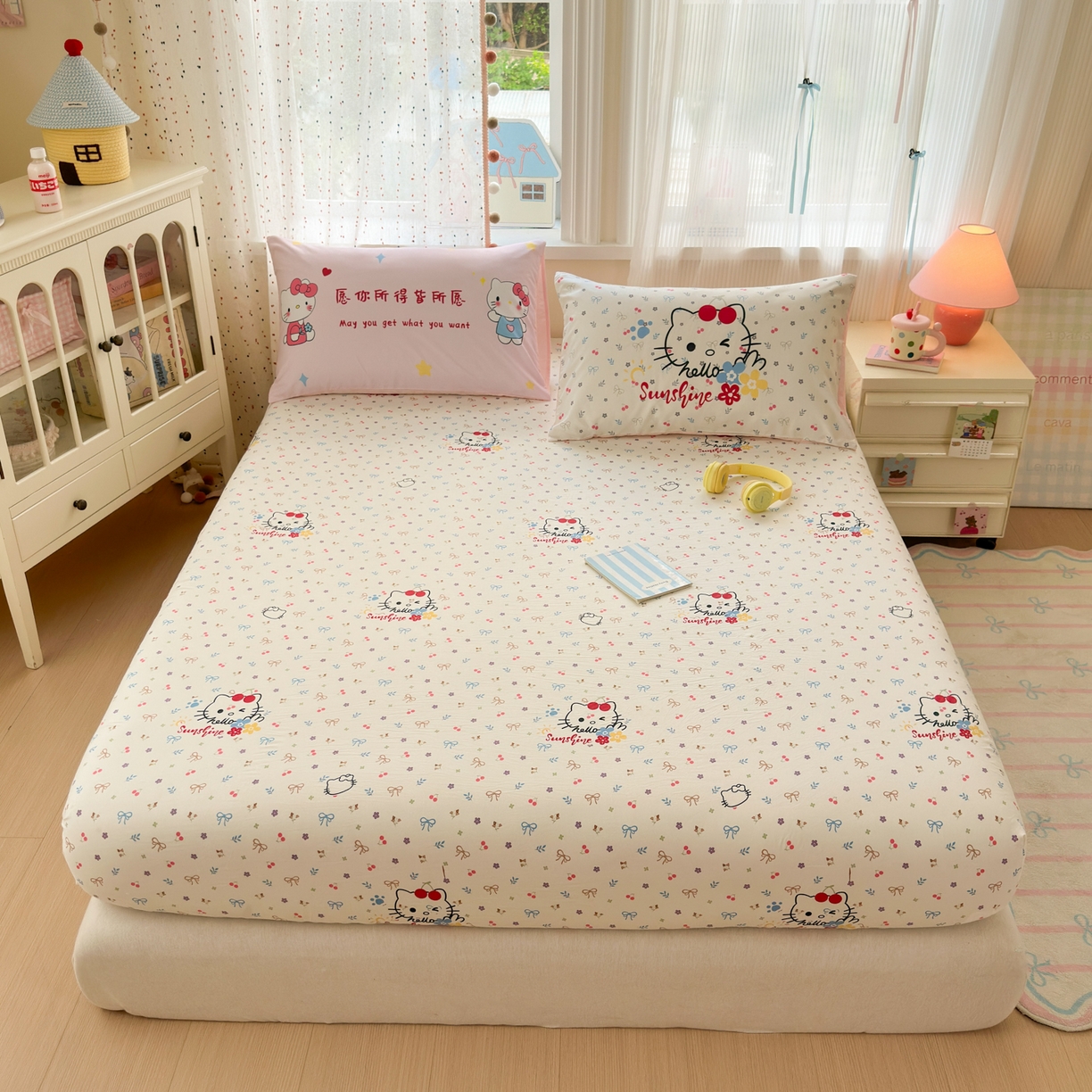 91家纺网 家纺一手货源 找家纺 一霖家纺 2025新款云朵棉小清新印花床笠系列 单床笠-许愿KT