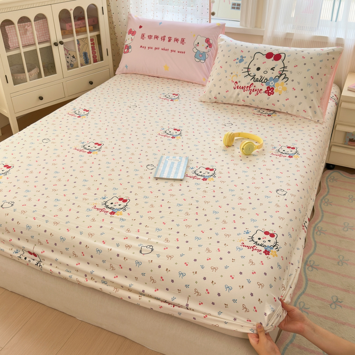 91家纺网 家纺一手货源 找家纺 一霖家纺 2025新款云朵棉小清新印花床笠系列 单床笠-许愿KT