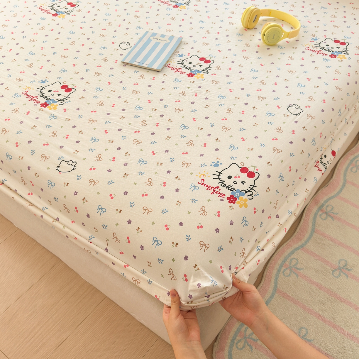 91家纺网 家纺一手货源 找家纺 一霖家纺 2025新款云朵棉小清新印花床笠系列 单床笠-许愿KT