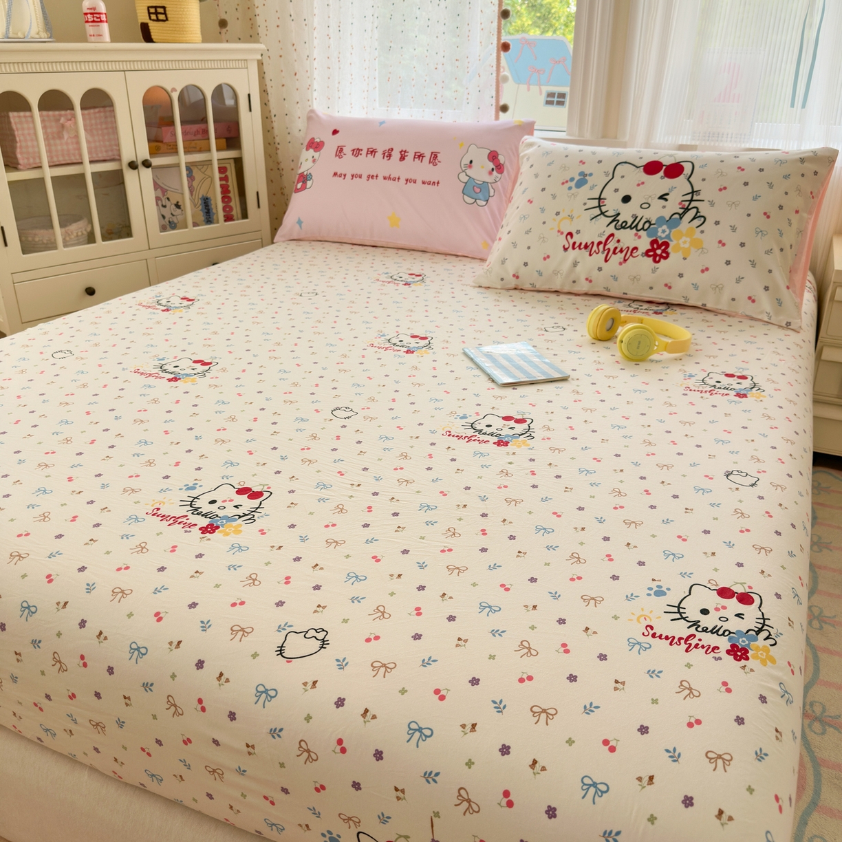 91家纺网 家纺一手货源 找家纺 一霖家纺 2025新款云朵棉小清新印花床笠系列 单床笠-许愿KT