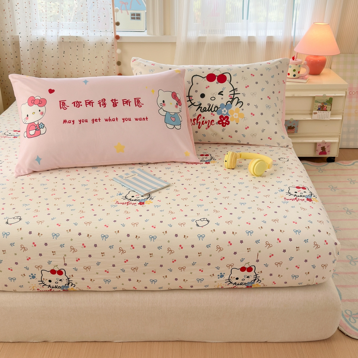 91家纺网 家纺一手货源 找家纺 一霖家纺 2025新款云朵棉小清新印花床笠系列 单床笠-许愿KT