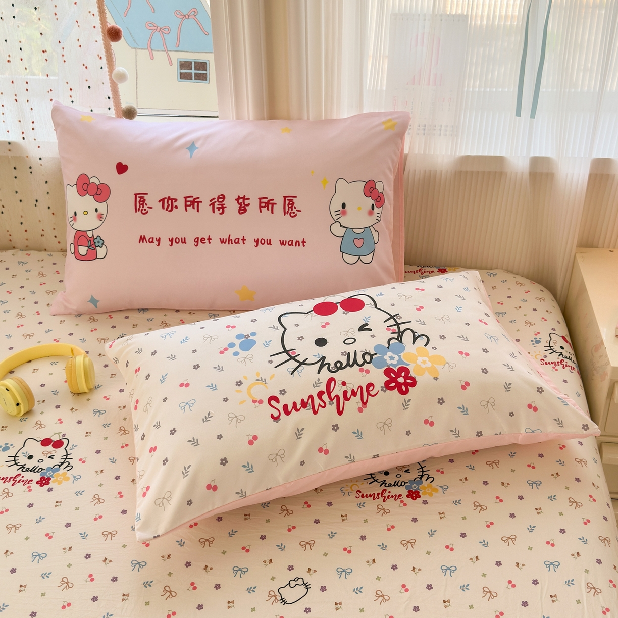 91家纺网 家纺一手货源 找家纺 一霖家纺 2025新款云朵棉小清新印花床笠系列 单床笠-许愿KT