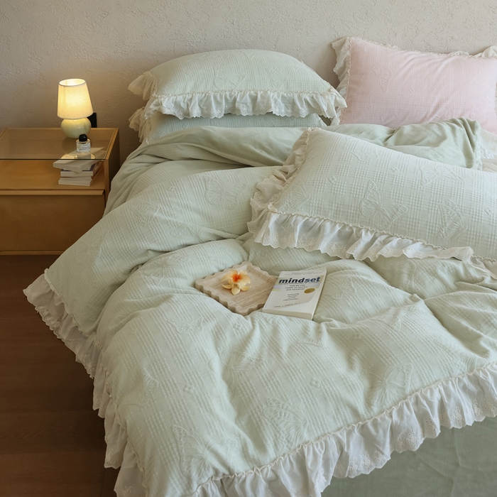 91家纺网 家纺一手货源 找家纺 万盛家纺 2025新款韩版牛奶绒花边四件套-翩翩蝴蝶 翩翩蝴蝶 绿色