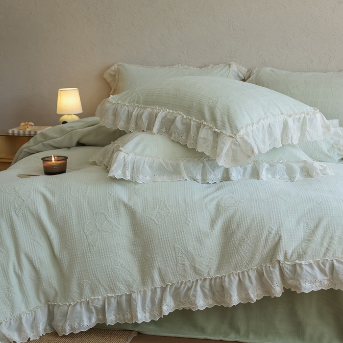 91家纺网 家纺一手货源 找家纺 万盛家纺 2025新款韩版牛奶绒花边四件套-翩翩蝴蝶 翩翩蝴蝶 绿色