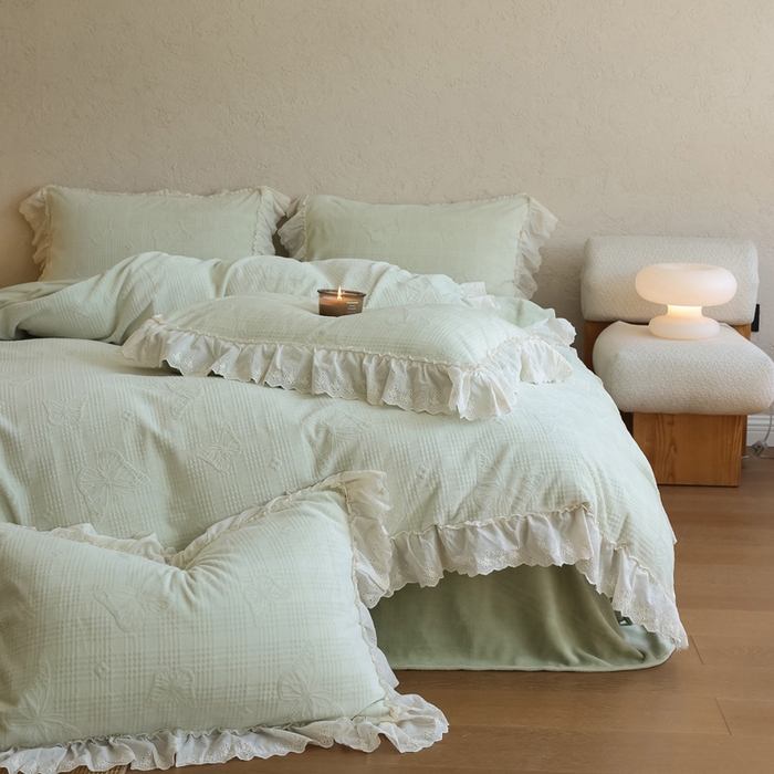 91家纺网 家纺一手货源 找家纺 万盛家纺 2025新款韩版牛奶绒花边四件套-翩翩蝴蝶 翩翩蝴蝶 绿色