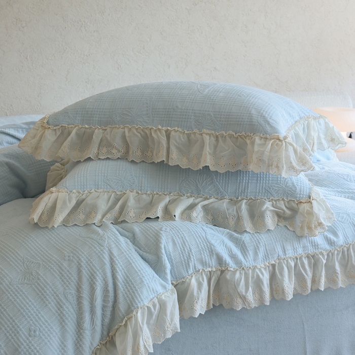 91家纺网 家纺一手货源 找家纺 万盛家纺 2025新款韩版牛奶绒花边四件套-翩翩蝴蝶 翩翩蝴蝶 蓝色