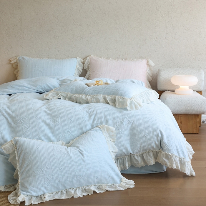 91家纺网 家纺一手货源 找家纺 万盛家纺 2025新款韩版牛奶绒花边四件套-翩翩蝴蝶 翩翩蝴蝶 蓝色