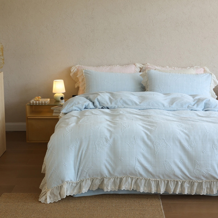 91家纺网 家纺一手货源 找家纺 万盛家纺 2025新款韩版牛奶绒花边四件套-翩翩蝴蝶 翩翩蝴蝶 蓝色