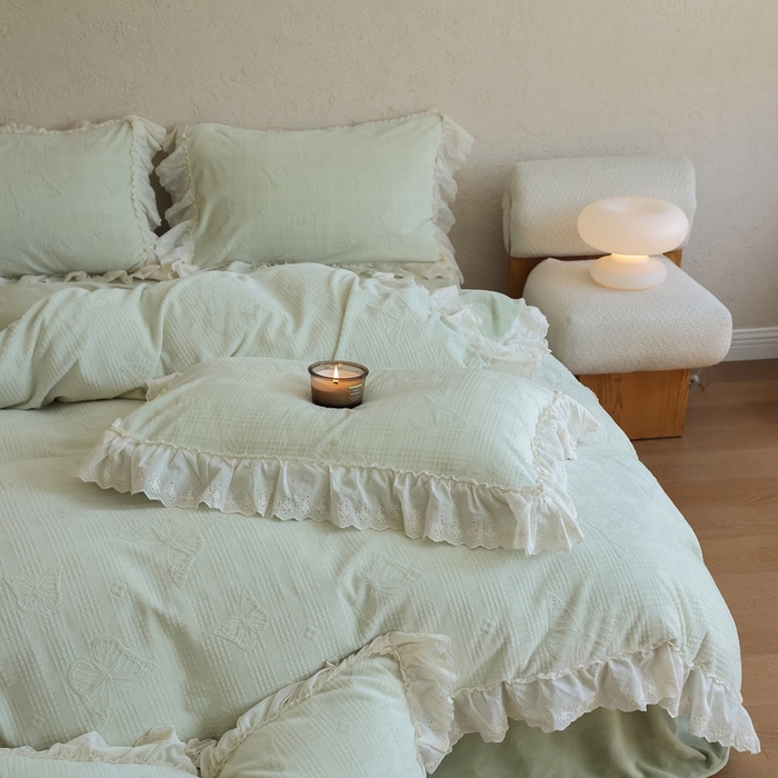 91家纺网 家纺一手货源 找家纺 万盛家纺 2025新款韩版牛奶绒花边四件套-翩翩蝴蝶 翩翩蝴蝶 绿色