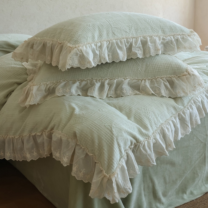 91家纺网 家纺一手货源 找家纺 万盛家纺 2025新款韩版牛奶绒花边四件套-翩翩蝴蝶 翩翩蝴蝶 绿色