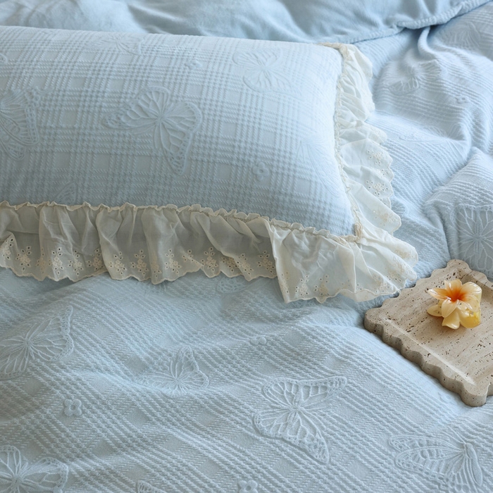 91家纺网 家纺一手货源 找家纺 万盛家纺 2025新款韩版牛奶绒花边四件套-翩翩蝴蝶 翩翩蝴蝶 蓝色