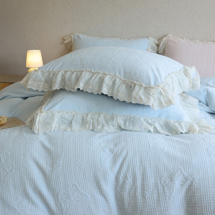 91家纺网 家纺一手货源 找家纺 万盛家纺 2025新款韩版牛奶绒花边四件套-翩翩蝴蝶 翩翩蝴蝶 蓝色