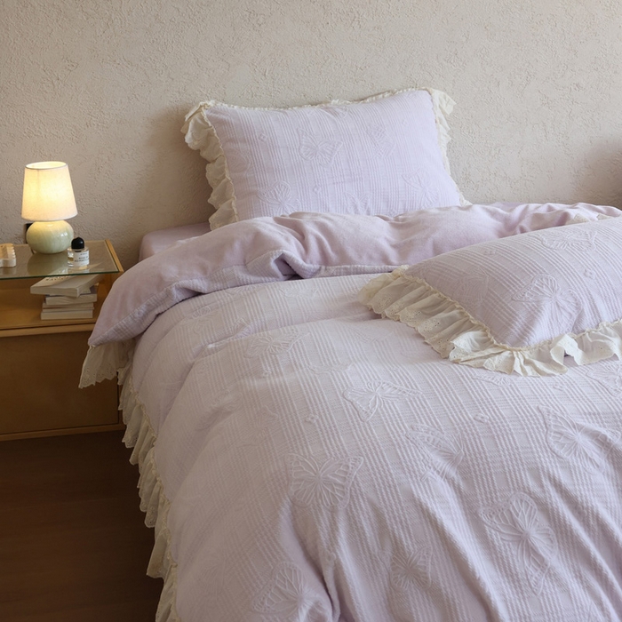 91家纺网 家纺一手货源 找家纺 万盛家纺 2025新款韩版牛奶绒花边四件套-翩翩蝴蝶 翩翩蝴蝶 紫色