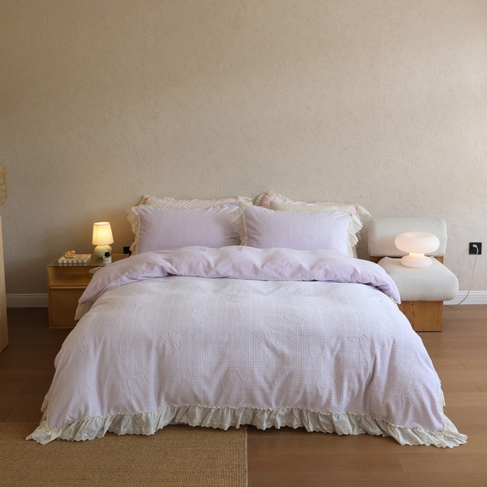 91家纺网 家纺一手货源 找家纺 万盛家纺 2025新款韩版牛奶绒花边四件套-翩翩蝴蝶 翩翩蝴蝶 紫色