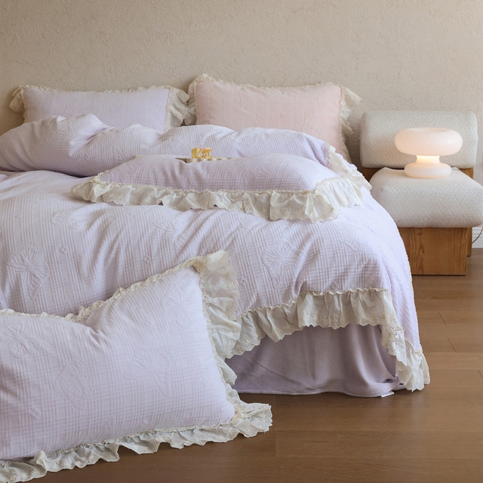 91家纺网 家纺一手货源 找家纺 万盛家纺 2025新款韩版牛奶绒花边四件套-翩翩蝴蝶 翩翩蝴蝶 紫色