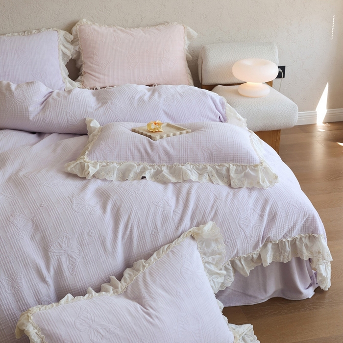 91家纺网 家纺一手货源 找家纺 万盛家纺 2025新款韩版牛奶绒花边四件套-翩翩蝴蝶 翩翩蝴蝶 紫色