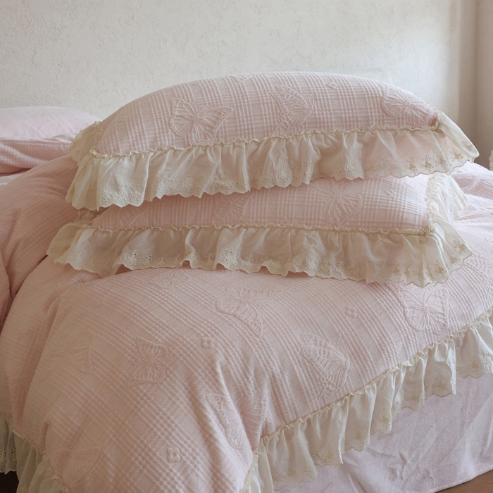 91家纺网 家纺一手货源 找家纺 （总）万盛家纺 2025新款韩版牛奶绒花边四件套-翩翩蝴蝶