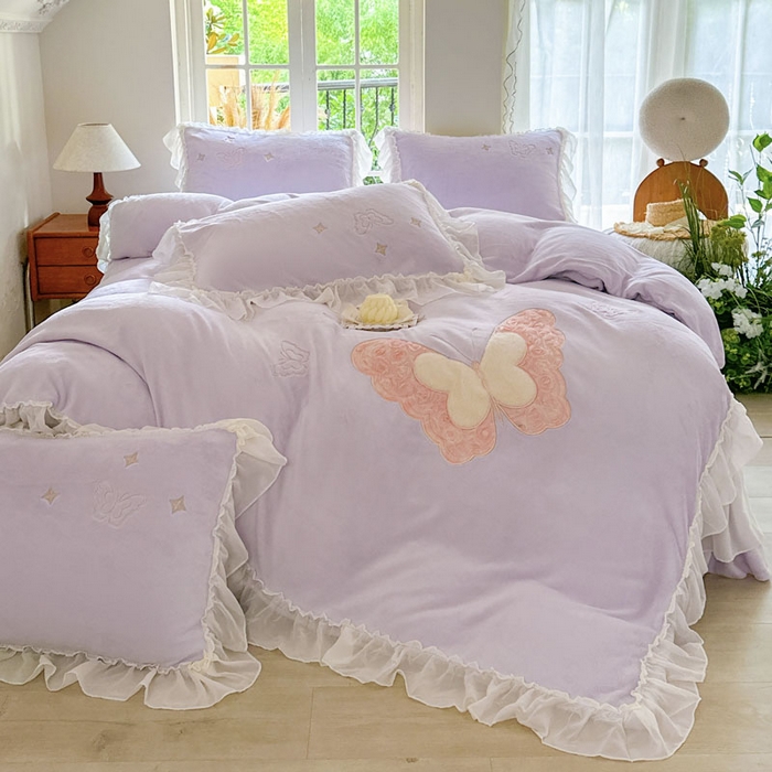 美洲琳 2025新款高克重全消光贴布绣花牛奶绒四件套 蝴蝶-芋紫