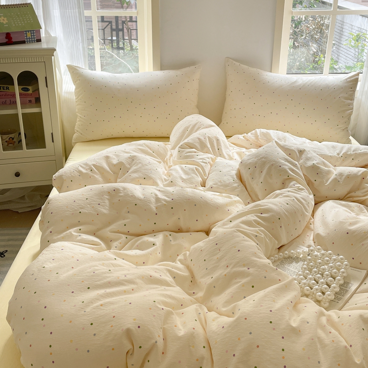 91家纺网 家纺一手货源 找家纺 铺尚美家纺 2025新款云感提花双层纱系列 小波点