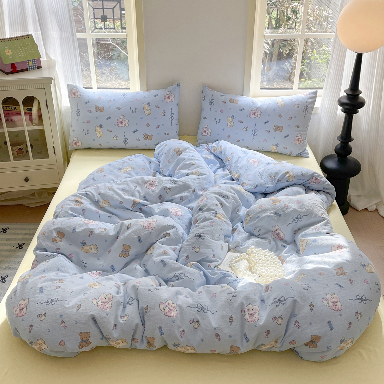 91家纺网 家纺一手货源 找家纺 铺尚美家纺 2025新款云感提花双层纱系列 小猫时光-蓝