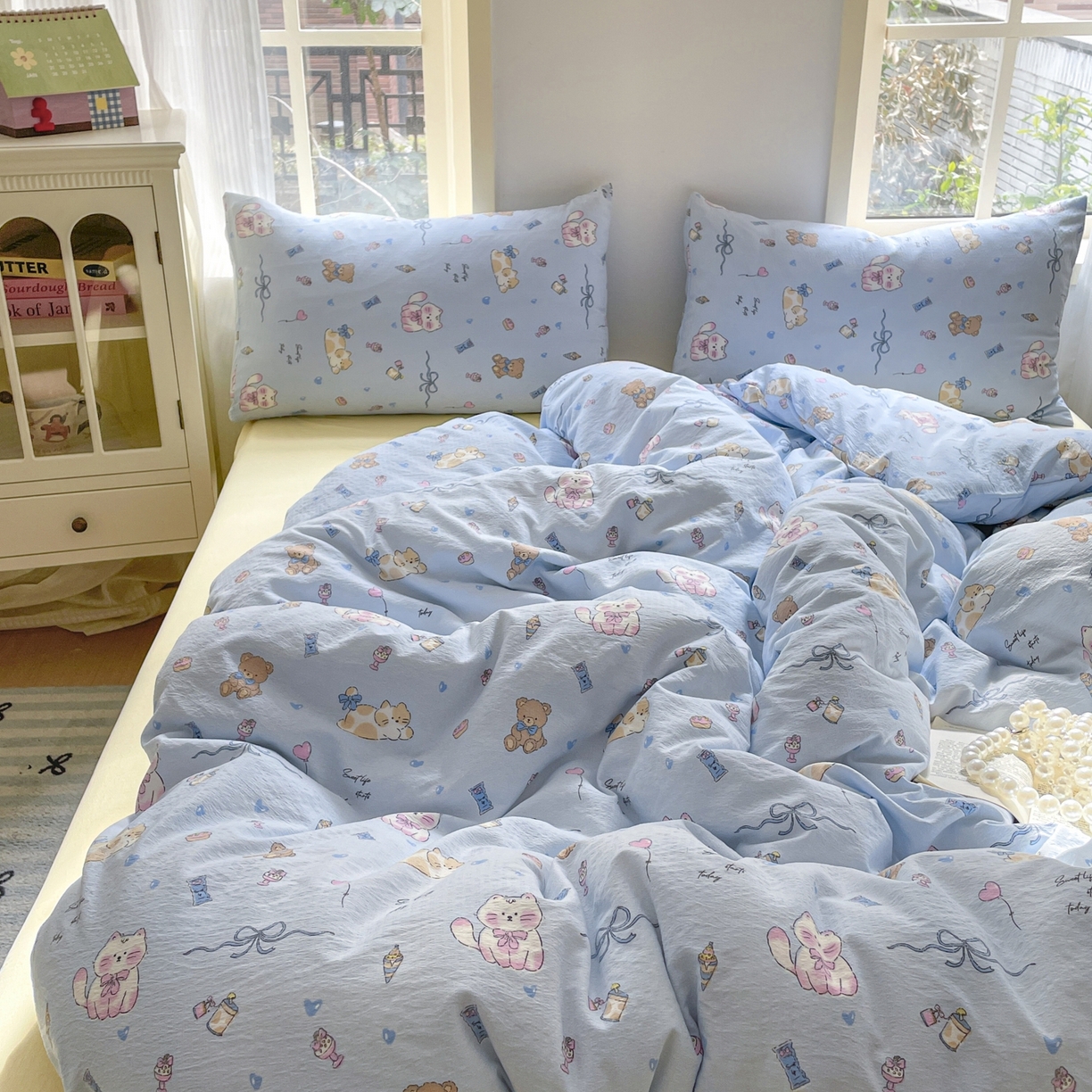 91家纺网 家纺一手货源 找家纺 铺尚美家纺 2025新款云感提花双层纱系列 小猫时光-蓝