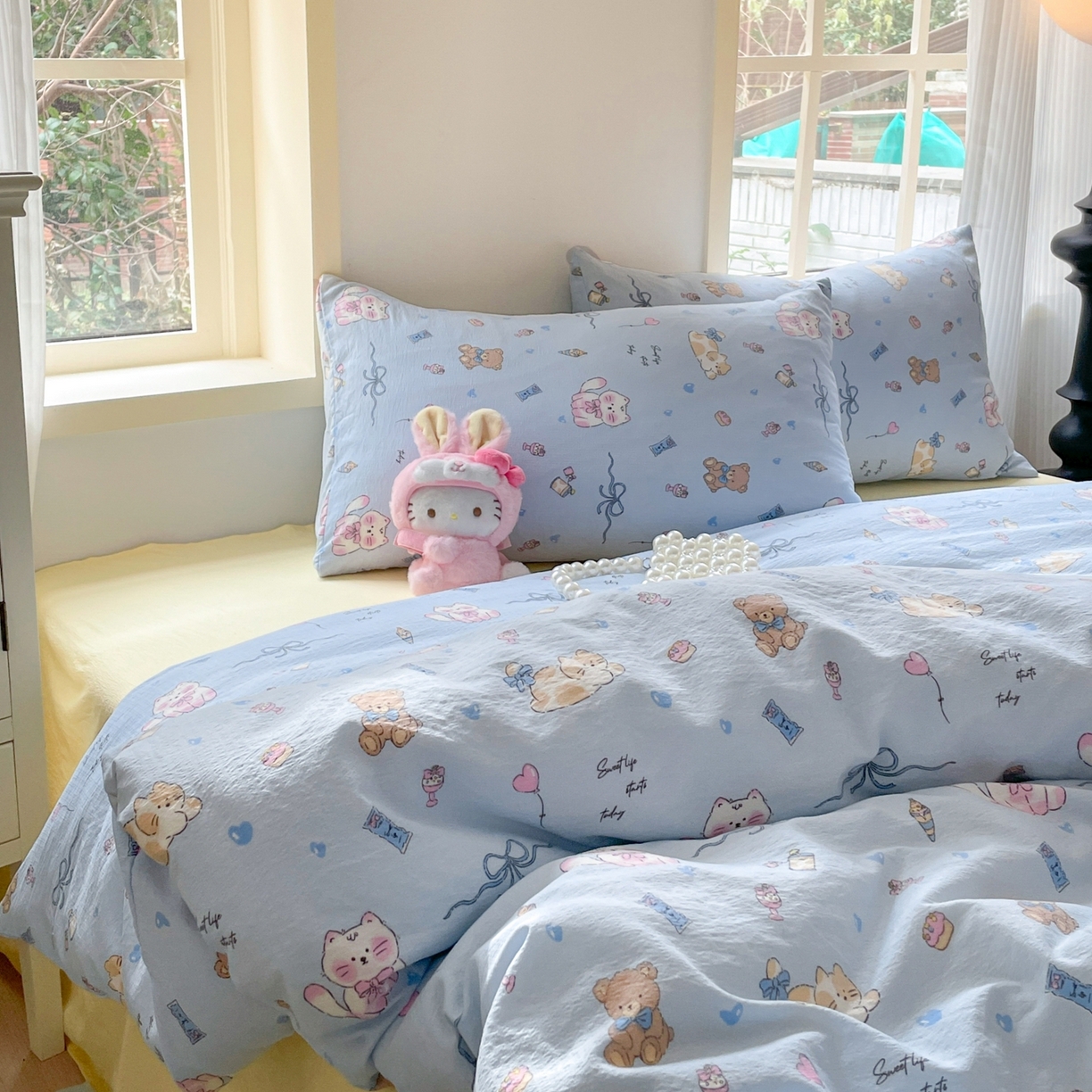 91家纺网 家纺一手货源 找家纺 铺尚美家纺 2025新款云感提花双层纱系列 小猫时光-蓝