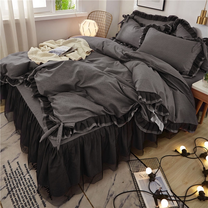 91家纺网 家纺一手货源 找家纺 （总）后庭寝室 2025新款纯色磨毛黑蕾丝四件套-秘密花园