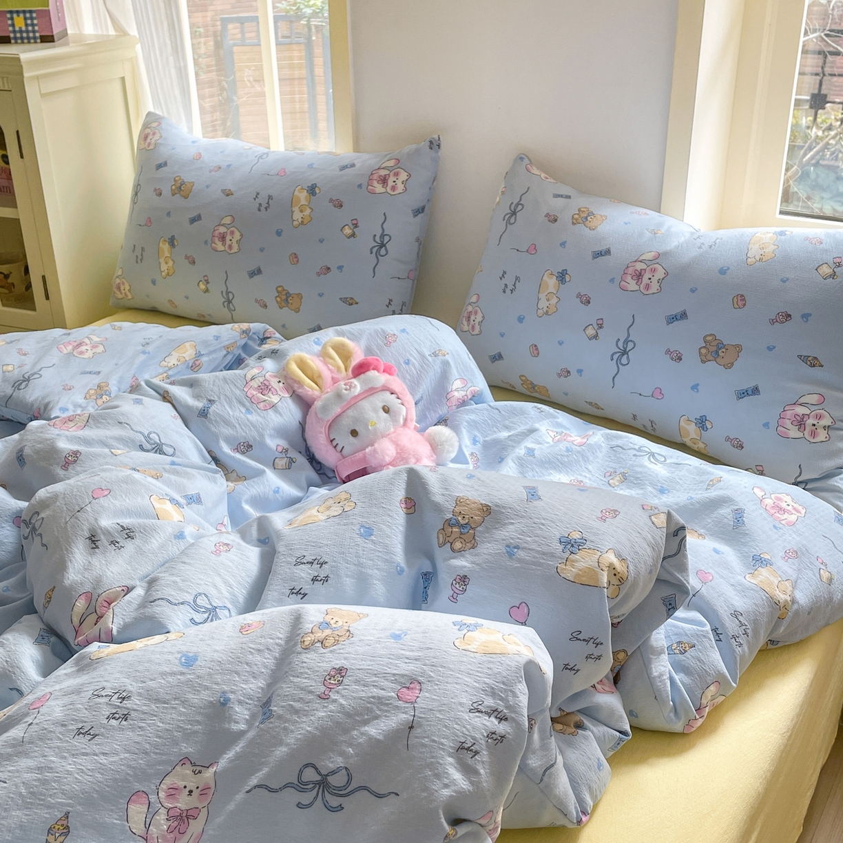 91家纺网 家纺一手货源 找家纺 铺尚美家纺 2025新款云感提花双层纱系列 小猫时光-蓝