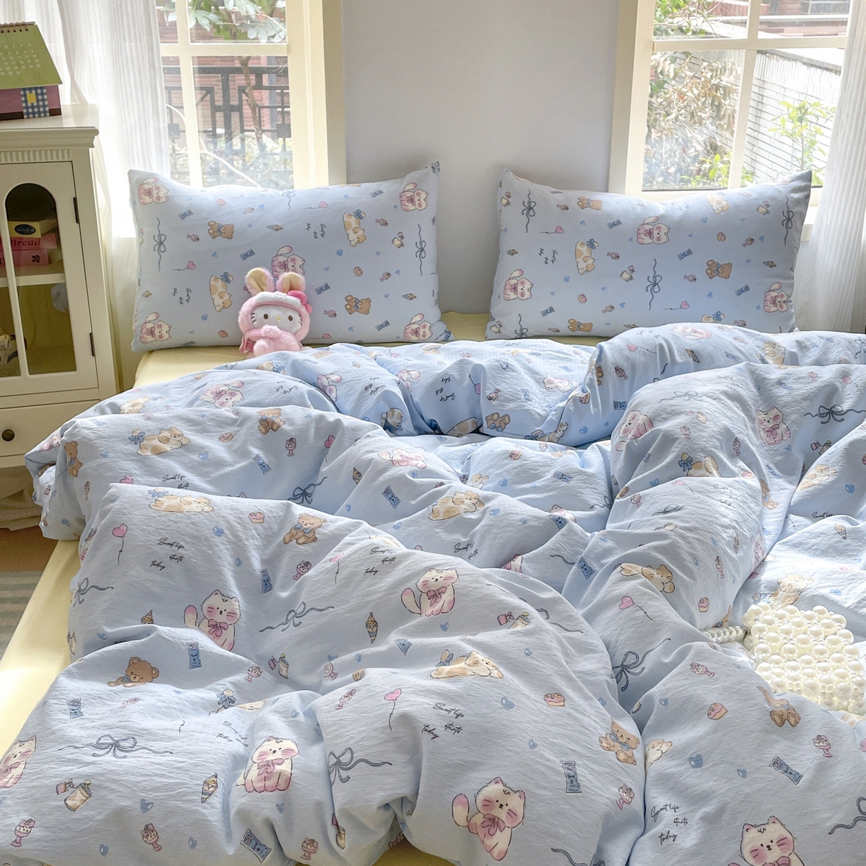 91家纺网 家纺一手货源 找家纺 铺尚美家纺 2025新款云感提花双层纱系列 小猫时光-蓝