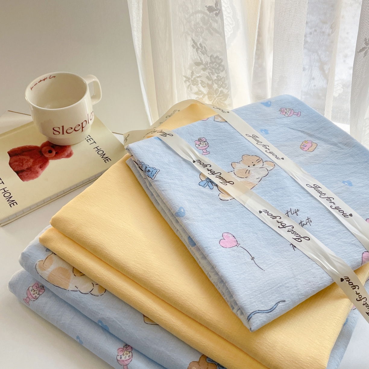 91家纺网 家纺一手货源 找家纺 铺尚美家纺 2025新款云感提花双层纱系列 小猫时光-蓝