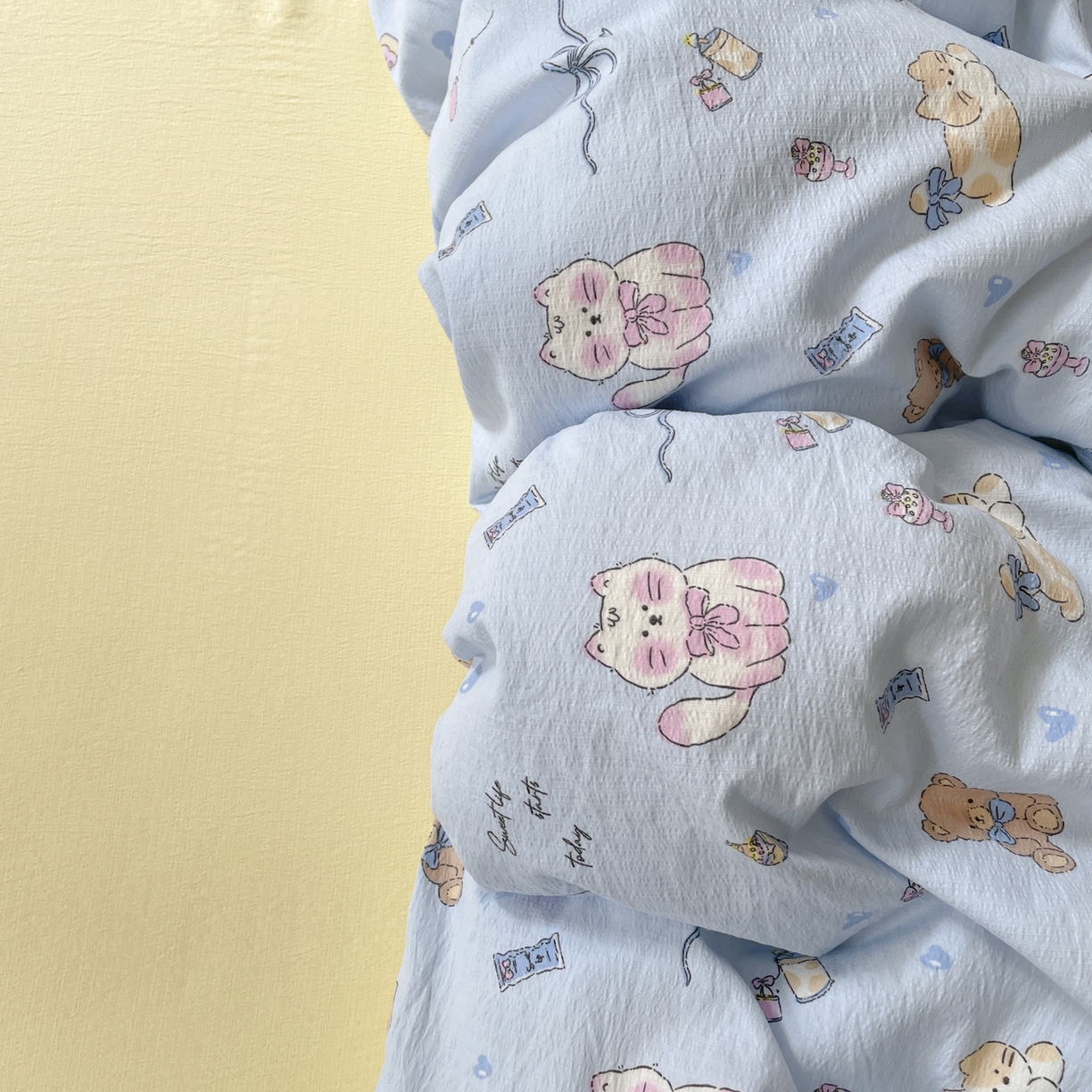 91家纺网 家纺一手货源 找家纺 铺尚美家纺 2025新款云感提花双层纱系列 小猫时光-蓝