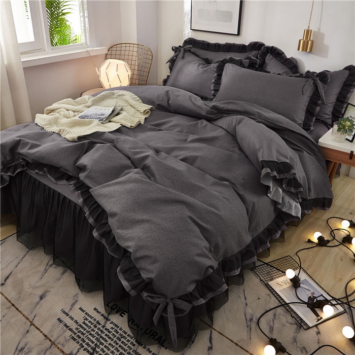 91家纺网 家纺一手货源 找家纺 （总）后庭寝室 2025新款纯色磨毛黑蕾丝四件套-秘密花园