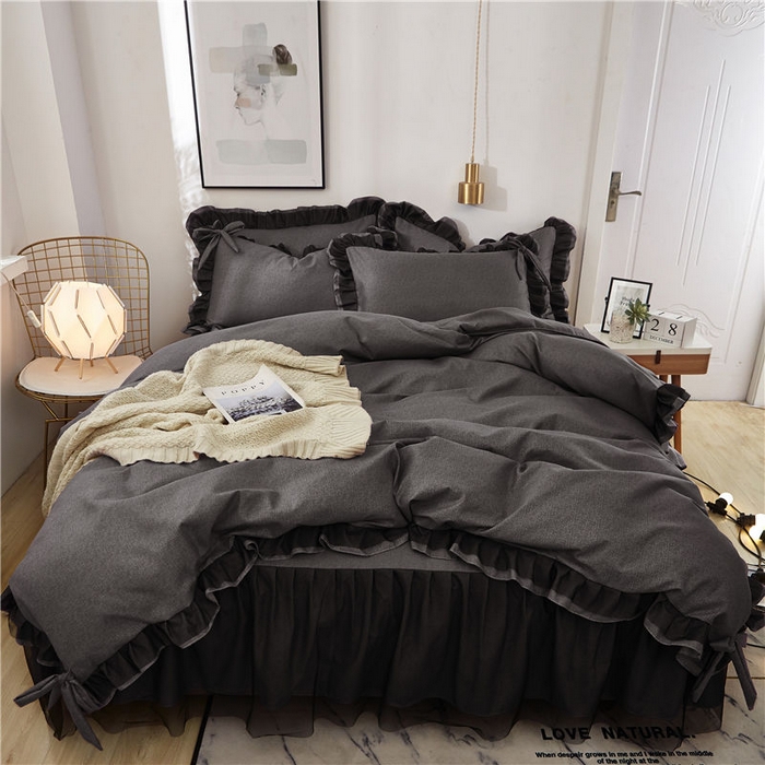 91家纺网 家纺一手货源 找家纺 （总）后庭寝室 2025新款纯色磨毛黑蕾丝四件套-秘密花园